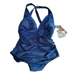 Shade & Shore Blue Glitter Halter One-Piece Swimsuit Size S (4-6) Nylon/Spandex
